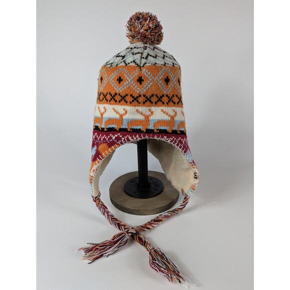 Winter Teen Chullo Hat Sweater Print Reindeer Deer Orange Plaid Red Blue Winter - Picture 1 of 7